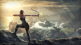 woman wearing black tank top and black cargo pants aiming composite bow painting