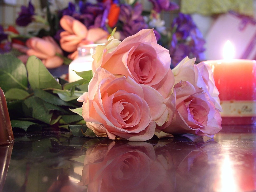 closeup photography of three pink Rose flowers on red panel beside lighted red candle HD wallpaper