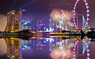 London Golden eye, Singapore, architecture, fireworks, lights HD wallpaper