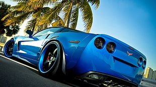 blue coupe, car, blue cars, vehicle, sign HD wallpaper
