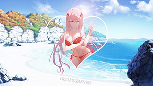 female anime character wearing red bikini illustration, anime, anime girls, picture-in-picture, Zero Two (Darling in the FranXX)