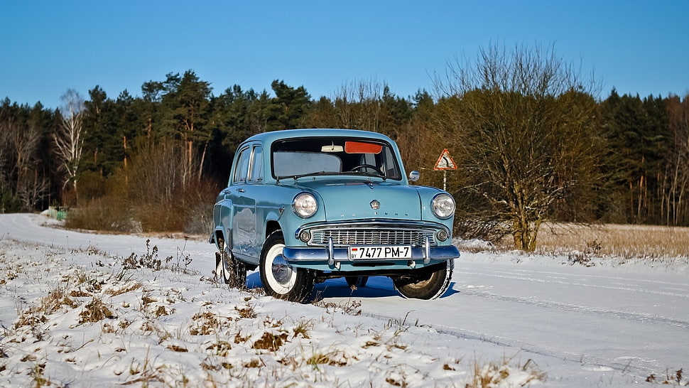 blue classic car, winter, snow, car, vehicle HD wallpaper