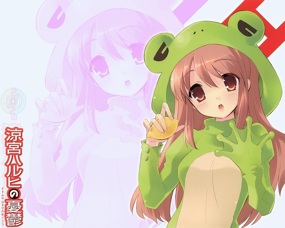 brown-haired female anime character wearing green frog mascot costume HD wallpaper