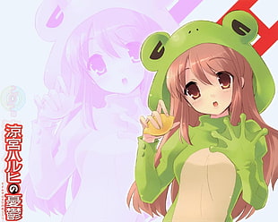 brown-haired female anime character wearing green frog mascot costume