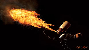 red and black hair extension, artwork, fire, men