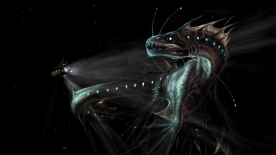 sea monster, fantasy art, underwater, creature, diving HD wallpaper