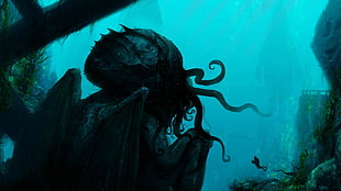 black octopus wallpaper, Cthulhu, fantasy art, divers, creature