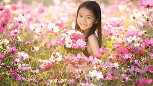 white and pink flowers, children, smiling, brunette, flowers HD wallpaper