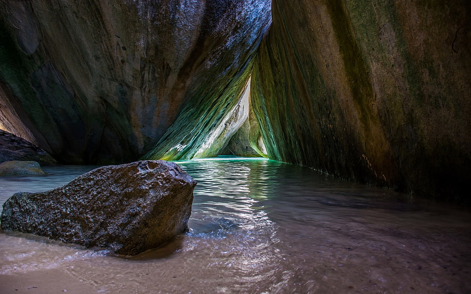 brown stone and body of water, nature, landscape, cave, sea HD wallpaper