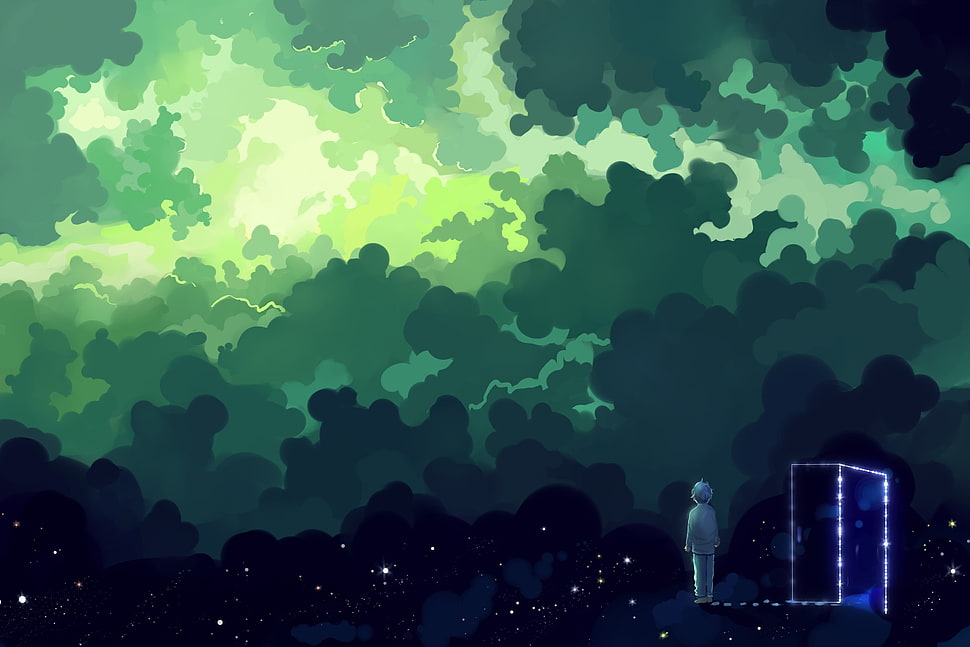 illustration of boy looking above, artwork, space HD wallpaper