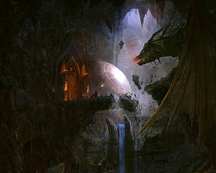 brown dragon digital wallpaper, dragon, waterfall, wizard, bridge