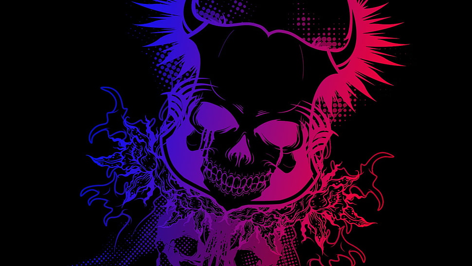 black, pink, and blue skull illustration, skull, colorful, gradient, black HD wallpaper