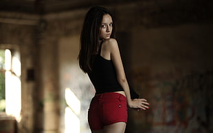 woman in black tank top and red hot shorts HD wallpaper
