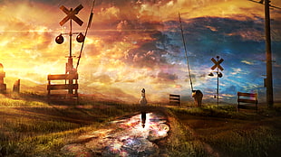 railway painting, dress, landscape, sky, loneliness HD wallpaper