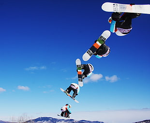 white snowboard, winter, snow, snowboards, sequence photography