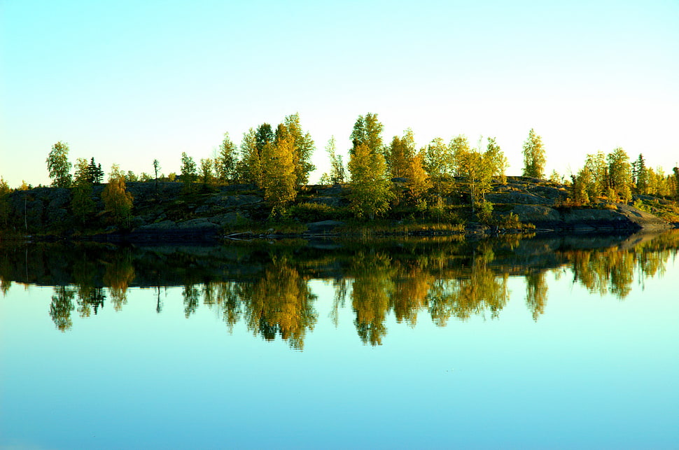 landscape photo of lake, nature, lake, clear sky, trees HD wallpaper