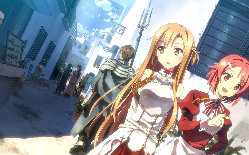 yellow haired woman anime character, Sword Art Online, anime, Yuuki Asuna, Kirigaya Kazuto HD wallpaper