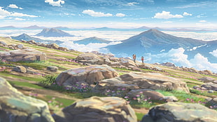 two person climbing hill animated poster, Makoto Shinkai , Kimi no Na Wa