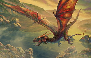 red dragon flying on sky digital wallpaper HD wallpaper