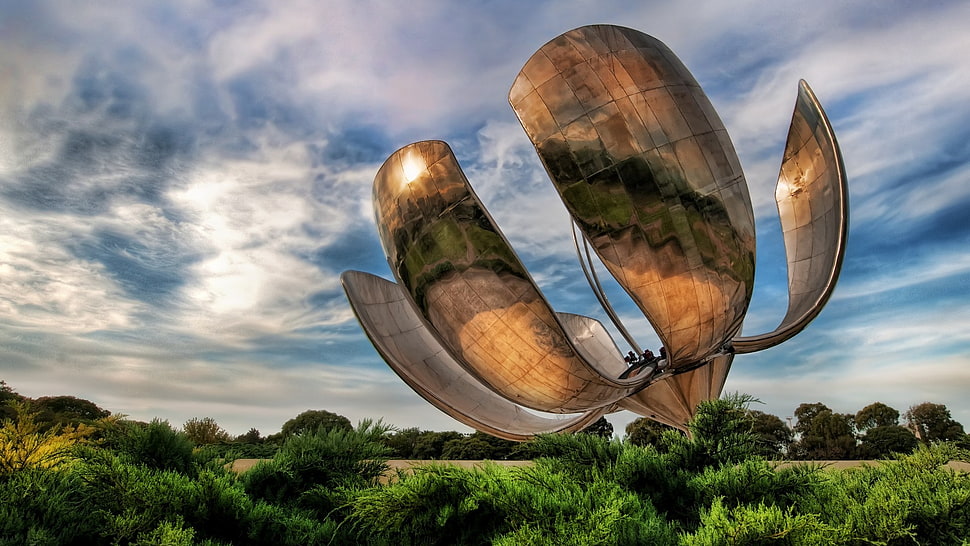 gray and gold-colored metal machine, sculpture, clouds, construction, landscape HD wallpaper