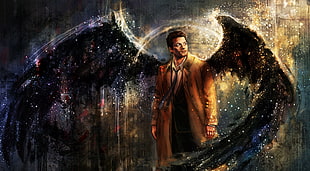 man in brown coat with black wings illustration
