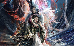 woman hugging a bleeding man 3D graphic wallpaper