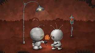 two robot toys digital wallpaper, digital art, robot, love, flowers