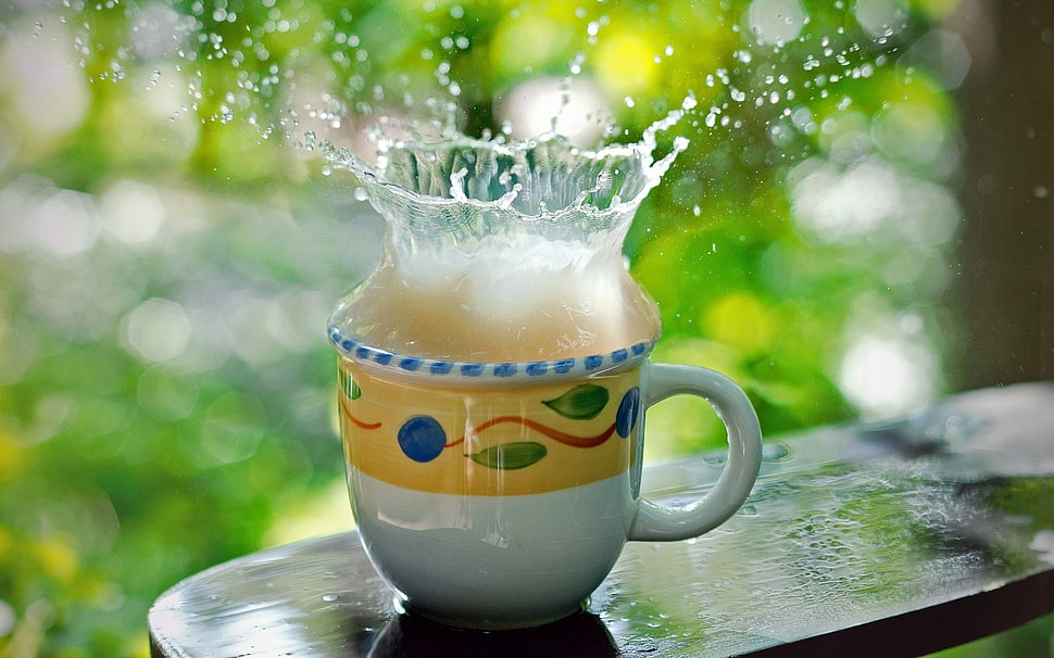 clear glass mug filled with white liquid HD wallpaper