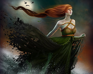 woman in green dress with flight of birds silhouette in background illustration