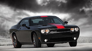 black and red sports car, Dodge Challenger, car