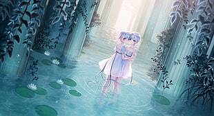 female animae illustration, blue eyes, white dress, white hair, pointed ears