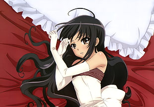 female black haired anime character in white gloves HD wallpaper