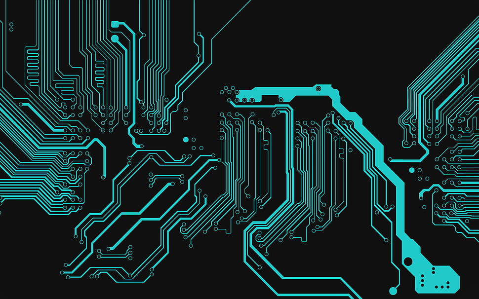 teal and black circuit board LED light HD wallpaper