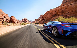 blue luxury car, Acura NSX, road, motion blur, car