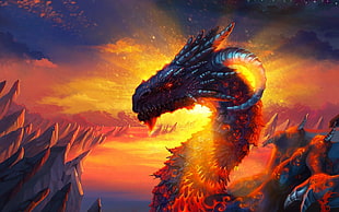 fire dragon illustration, fantasy art, Dragon Wings, dragon, fan art