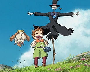dog boy and scarecrow anime character digital wallpaper
