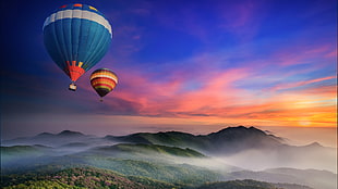 blue and white abstract painting, landscape, hot air balloons HD wallpaper
