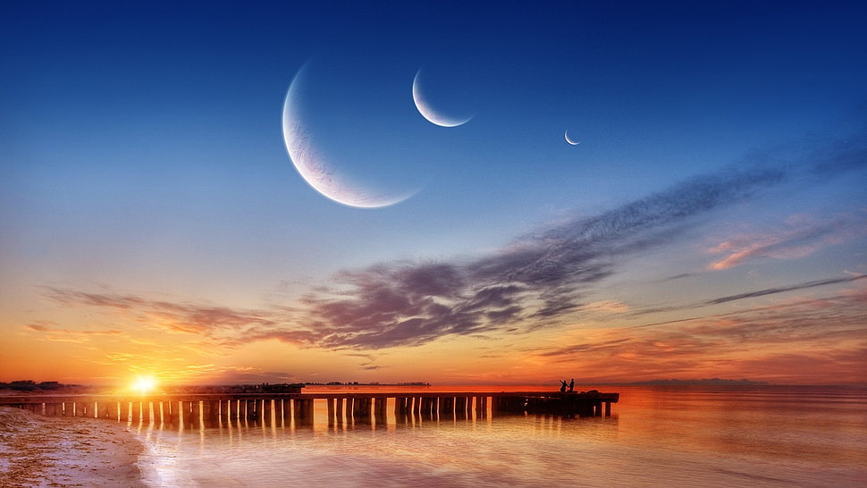 dock bridge during sunset, landscape HD wallpaper