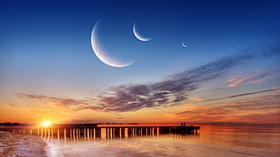 dock bridge during sunset, landscape HD wallpaper
