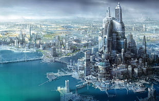 cityscape painting, city, futuristic, science fiction, futuristic city