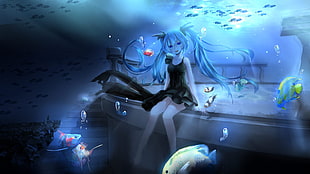 blue haired anime girl character digital wallpaper
