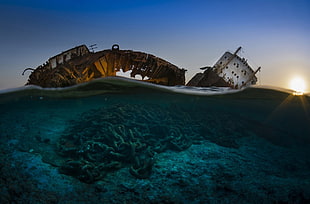 wrecked ship, nature, water, sea, underwater
