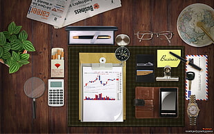 paper with graphs near wallet, calculator, eyeglasses, and compass digital wallpaper, desk, glasses, watch, compass