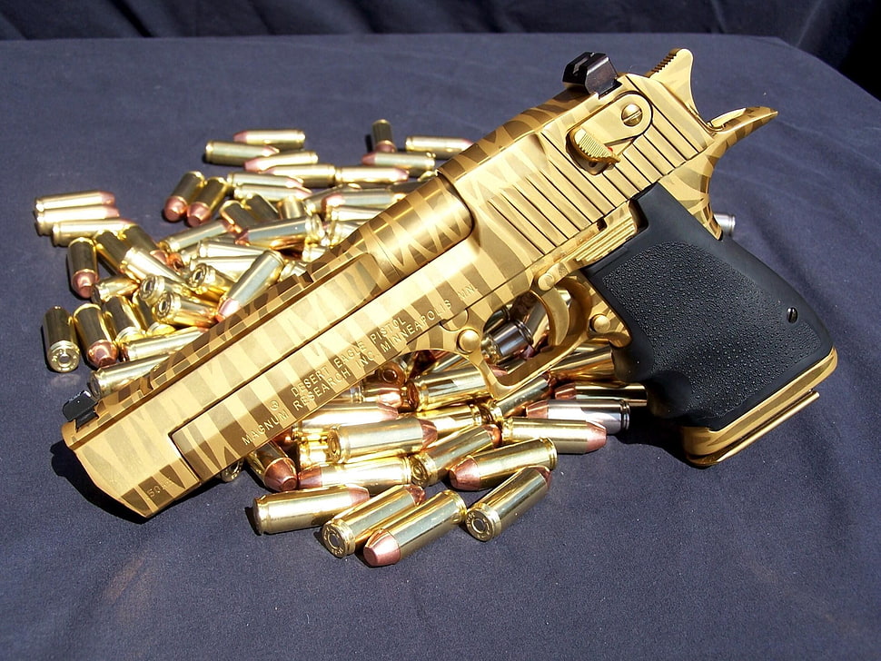 brass-colored and black semi-automatic pistol, weapon, Desert Eagle, pistol, army HD wallpaper
