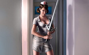 woman in nurse uniform holding sword digital poster