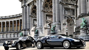 black Bugatti Veyron parked in front of white building