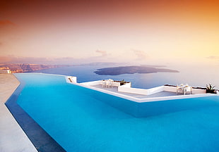 white and blue infinity pool, swimming pool, landscape, sea, Greece HD wallpaper