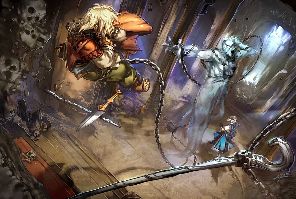 game concept art wallpaper, artwork, warrior, chains, spirits HD wallpaper