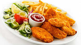 chicken fillet with fries and dip, fried chicken, French fries, ketchup, food HD wallpaper