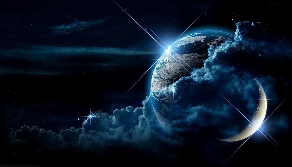 Planet and Crescent Moon covered with clouds wallpaper HD wallpaper